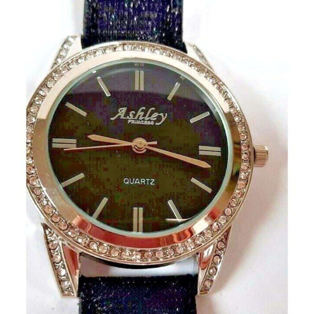 Ashley Princess Womens Quartz Watch Black Glitter Strap Rhinestone Bezel ST10142